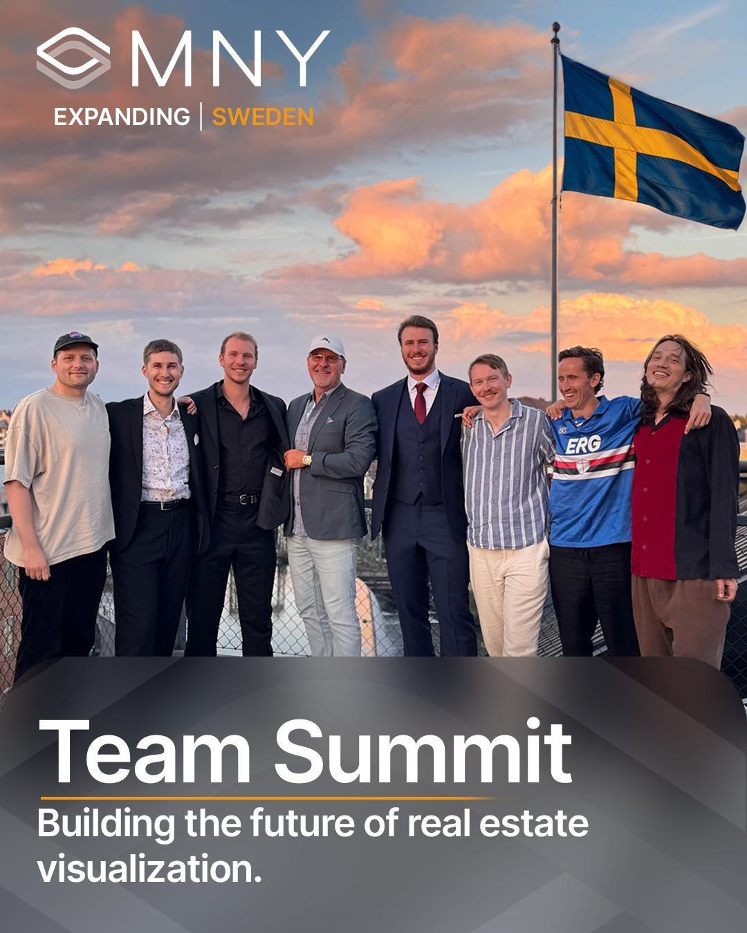 OMNY team members together outdoors beneath a Swedish flag at sunset.