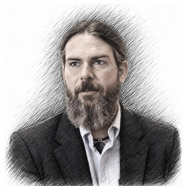Hand-drawn portrait of Troy Snyder.